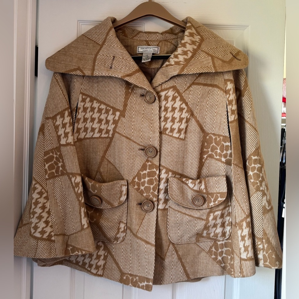 Simonton Says Designer Tan Patchwork Wool-Blend Cape Coat